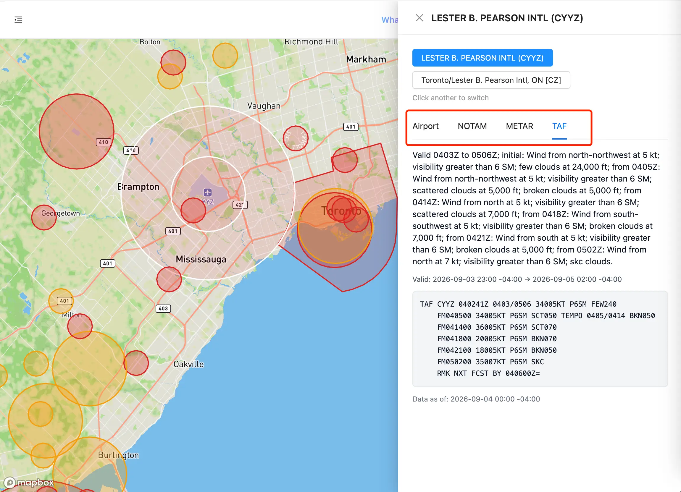 Le panneau de détail d'aérodrome avec les onglets Airport, NOTAM, METAR et TAF, affichant coordonnées, altitude et exploitant