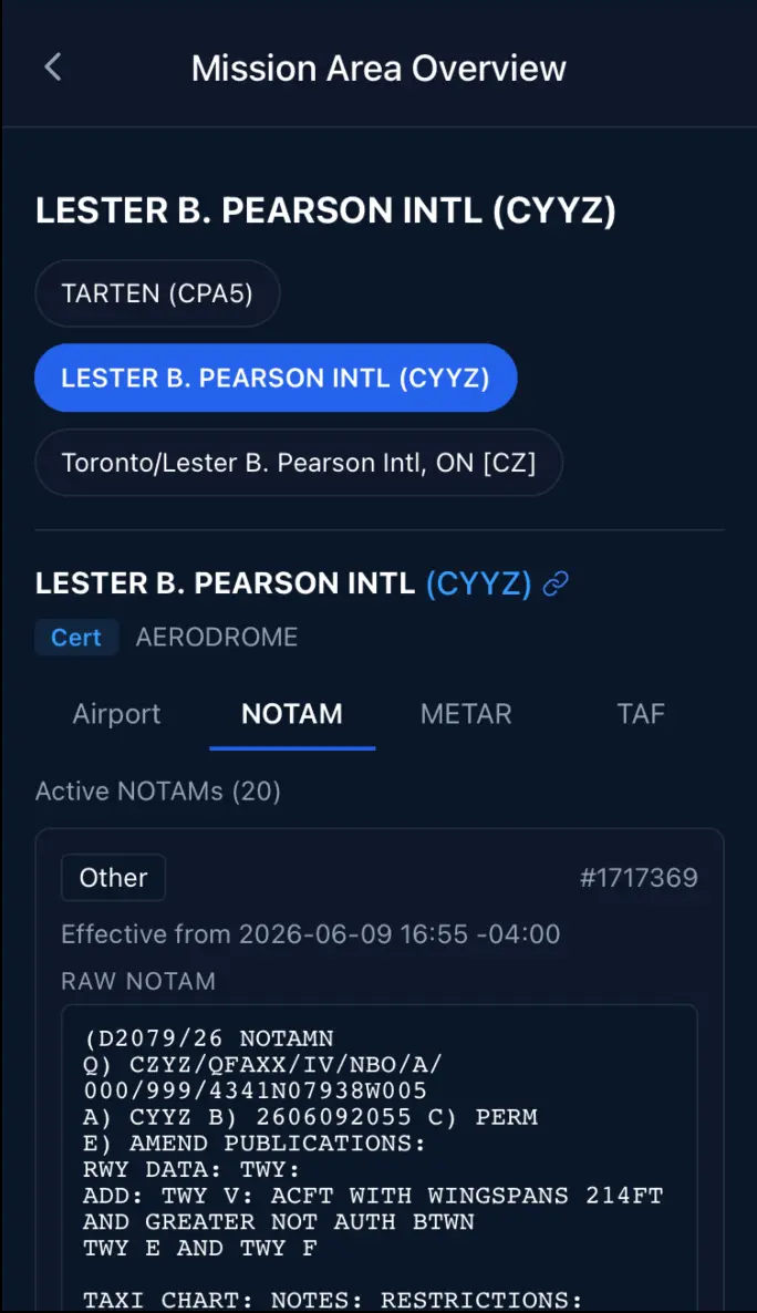 Le panneau de détail NOTAM affichant PK, code Q, plancher, plafond, dates de validité et le bloc de texte NOTAM brut