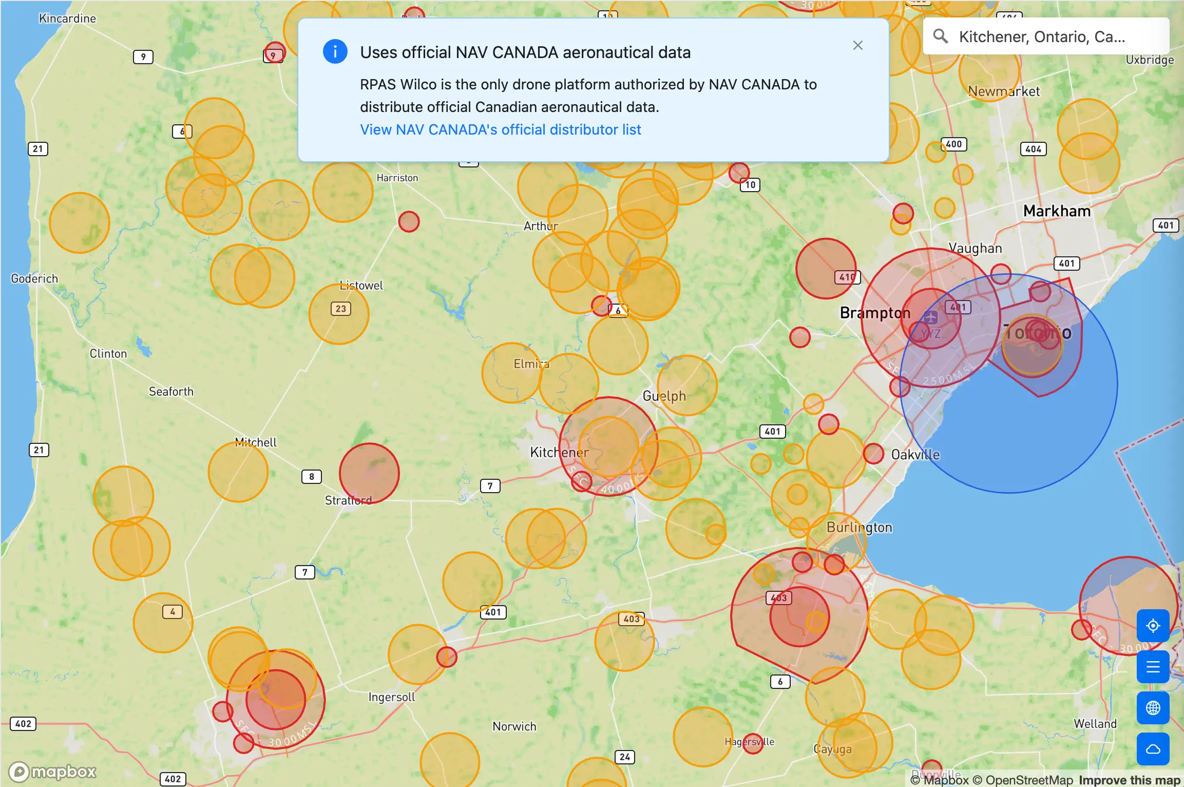 La carte RPAS WILCO affichant des cercles d'espace aérien rouges et ambre au-dessus du sud de l'Ontario